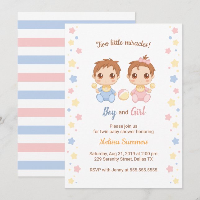 Twins Boy Girl Baby Dusche Einladung (Vorne/Hinten)