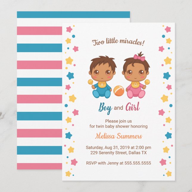 Twins Boy Girl Babydusche 2 Einladung (Vorne/Hinten)