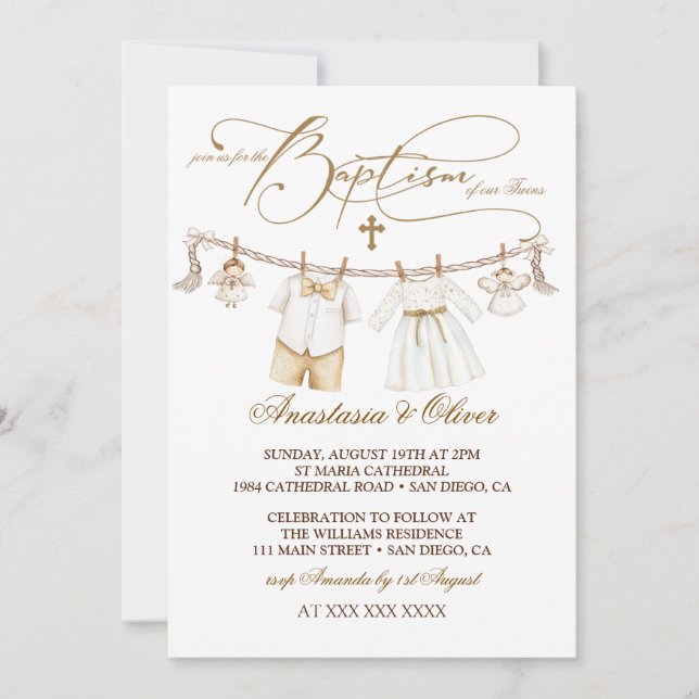 Twins Boy & Girl Baptisse Christening Boho Einladung (Vorderseite)