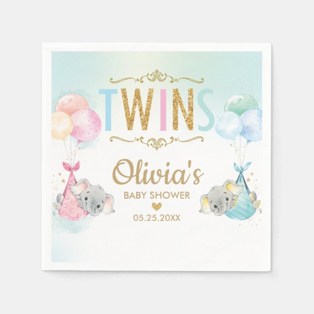 Twins Boy Girl Elephant Balloons Babydusche Serviette (Vorderseite)