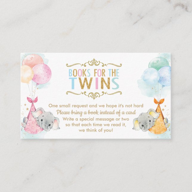 Twins Boy Girl Elephant bringen ein Buch Begleitkarte (Vorderseite)