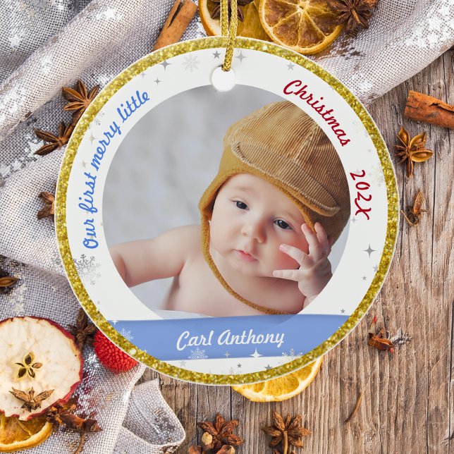 Twins Boy Girl Fotos First Merry Little Christmas Keramik Ornament (Modern Elegant Cute Our First Merry Little Christmas Twin Baby Boys 2 Photos Snowflakes Golden Frame)