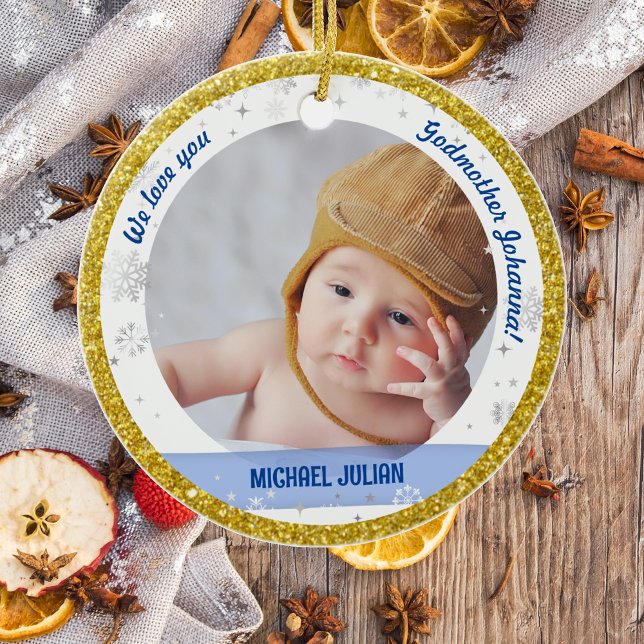 Twins Boy Girl Fotos Godmutter 1. Weihnachtskind Keramik Ornament (Modern, Elegant, Cute We love you, Godmother First Christmas Twin Babies Boy Girl Snowflakes Golden)