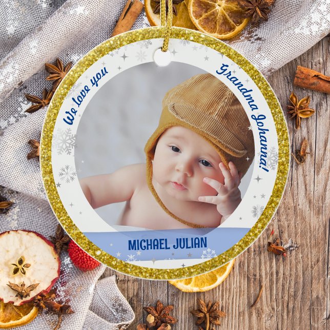 Twins Boy Girl Fotos Oma First Christmas Baby Keramik Ornament (Modern, Elegant, Cute We love you, Grandma First Christmas Twin Babies Boy Girl Snowflakes Golden)