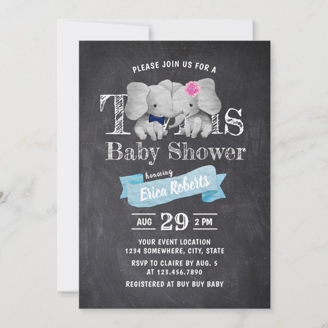 Twins Boy & Girl Niedlich Elephant Rustic Baby Sho Einladung (Vorderseite)