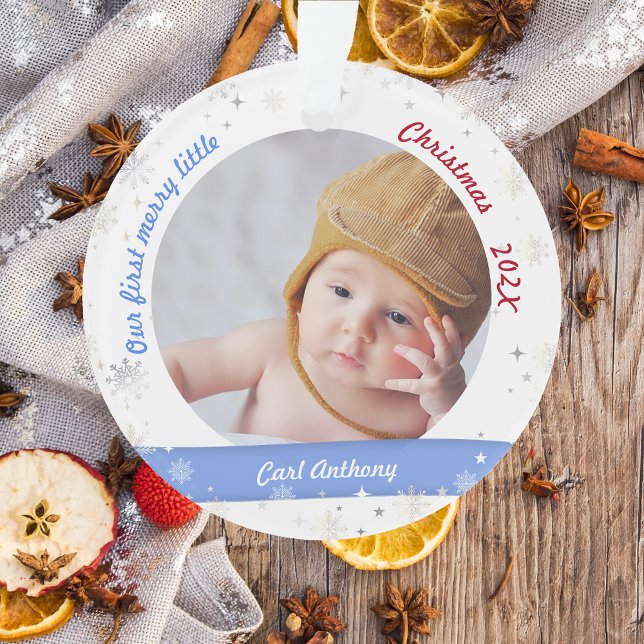 Twins Boy Girl Photos Premier Joyeux Petit Noël (Modern Elegant Cute Our First Merry Little Christmas Twins Boy Girl 2 Photos Snowflakes Blue Pink)