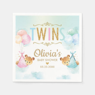 Twins Boy Girl Teddy Bears Balloons Babydusche Serviette