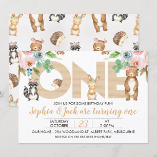 Twins Boy Girl Woodland Einladung zum 1. Geburtsta