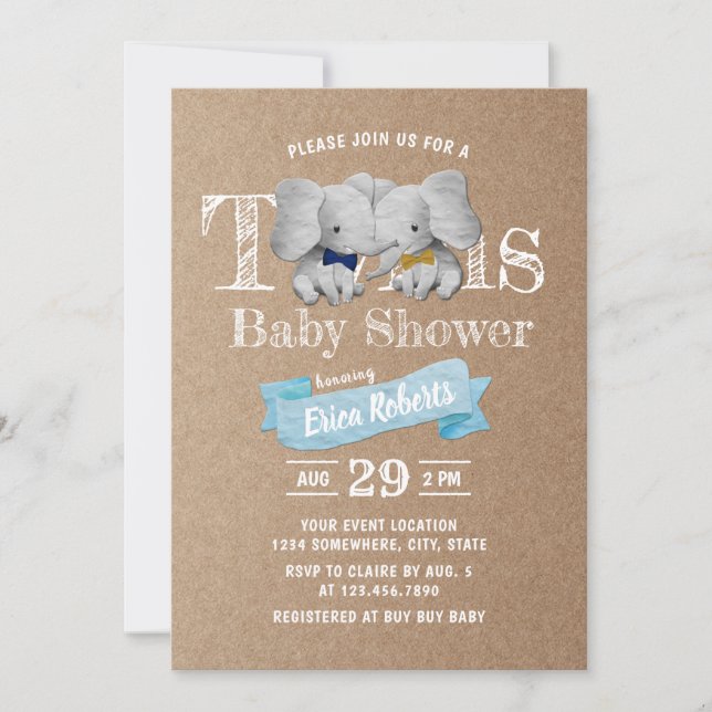 Twins Boy Niedlich Elephant Rustic Kraft Baby Dusc Einladung (Vorderseite)