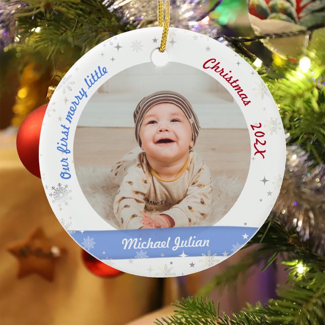 Twins Boys 2 Fotos First Merry Little Christmas Keramik Ornament (Modern Elegant Cute Our First Merry Little Christmas Twins Baby Boys 2 Photos Snowflakes Stars)