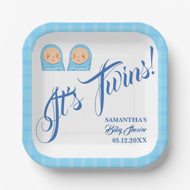 Twins Boys Baby Shower Party Blue. Pappteller (Vorderseite)