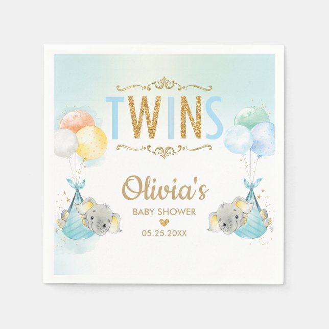 Twins Boys Elephant Balloons Babydusche Serviette (Vorderseite)
