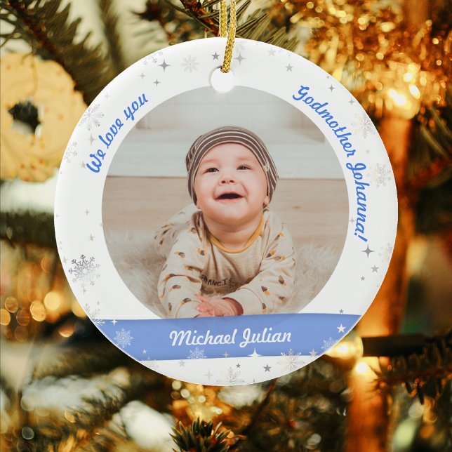 Twins Boys Fotos Godmutter First Christmas Baby Keramik Ornament (Modern Elegant Cute My First Christmas Baby Boy I love you Godmother Name 2 Photos Snowflakes Stars)
