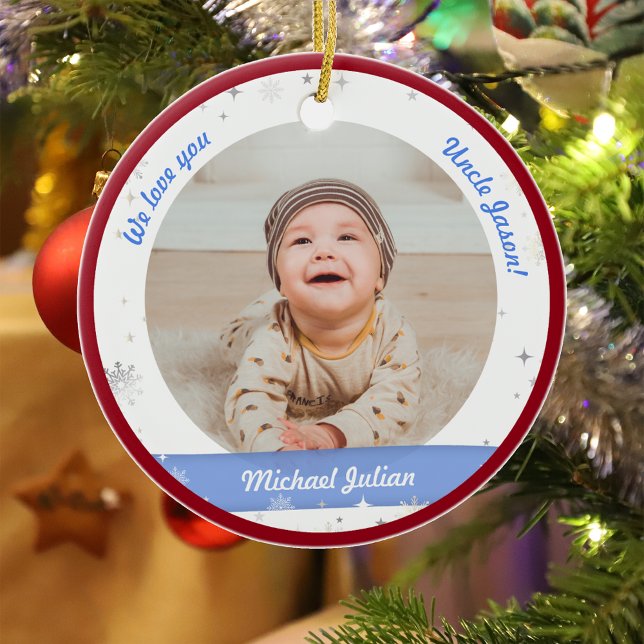 Twins Boys Fotos Oncle Niedlich First Christmas Ba Keramik Ornament (Modern Elegant Cute First Christmas Baby Twins Boys We love you Uncle Snowflakes Stars Red Frame)