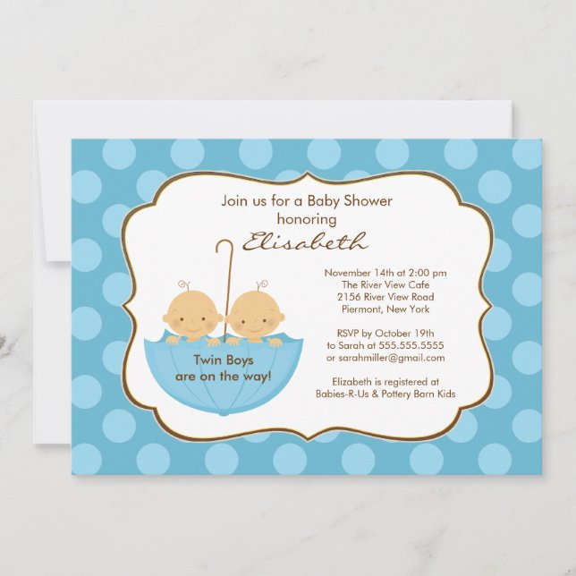 Twins Boys Umbrella Baby Shower Invitation Blue Einladung (Vorderseite)