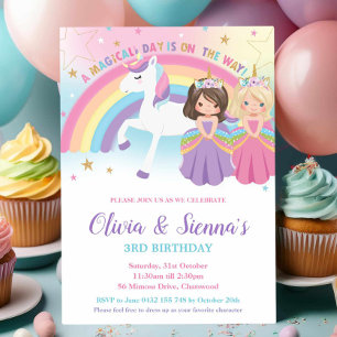 Twins Brünett Blonde Princesses Unicorn Geburtstag Einladung