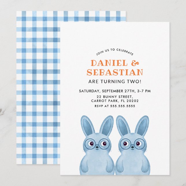 Twins Bunny Birthday Party für Baby Boys Einladung (Vorne/Hinten)