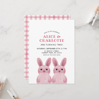 Twins Bunny Birthday Party mit rosa Brille, Einladung