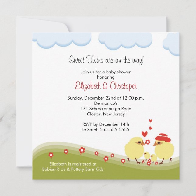 Twins Couple Baby Shower Einladung Baby Chicks (Vorderseite)
