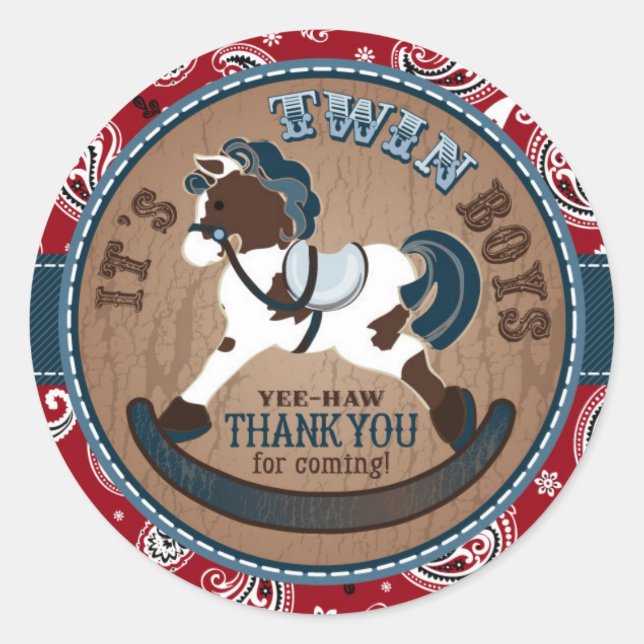 Twins Cowboy Rocking Horse Western Babydusche Runder Aufkleber (Vorderseite)