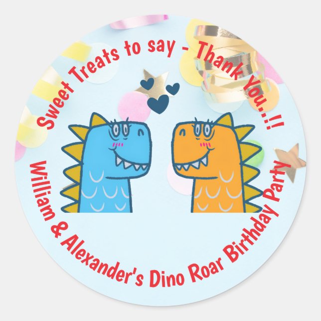 Twins Dino Roar Birthday Party Runder Aufkleber (Vorderseite)
