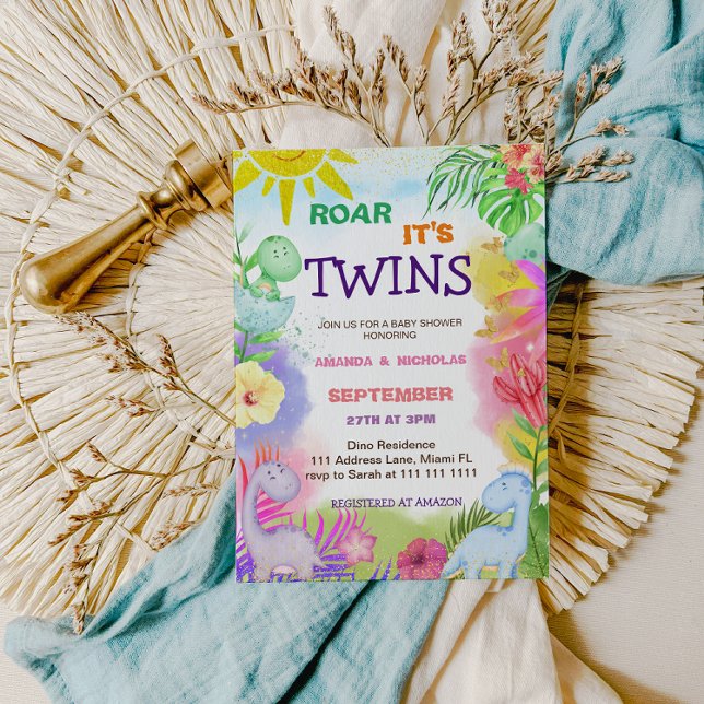 Twins Dinosaur Floral Greenery Baby Girl Shower Einladung (Von Creator hochgeladen)