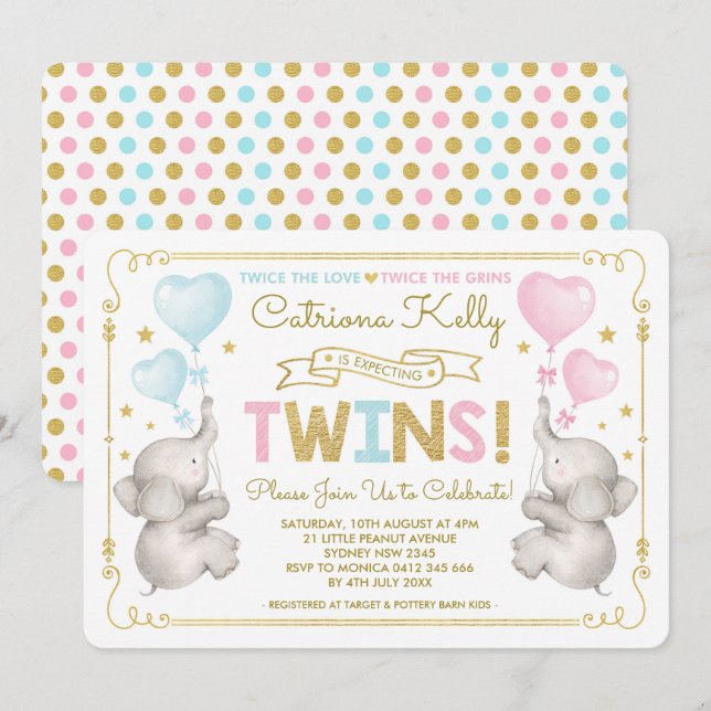 TWINS Elephant Baby Dusche Blue Pink Gold Einladun Einladung (Vorne/Hinten)