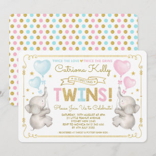 TWINS Elephant Baby shower bleu rose or Invitation