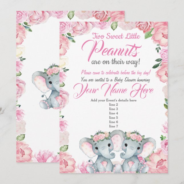 Twins Elephant Baby Shower Einladung Rose pink (Vorne/Hinten)