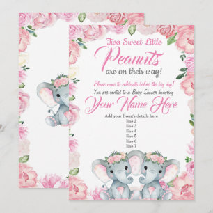 Twins Elephant Baby Shower Einladung Rose pink