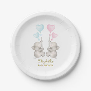 Twins Elephant Baby Shower Gender Reveal 7" Plate Pappteller
