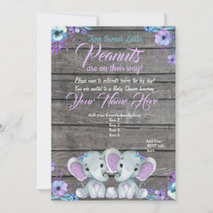 Twins Elephant Baby shower Invitation rustique, tu