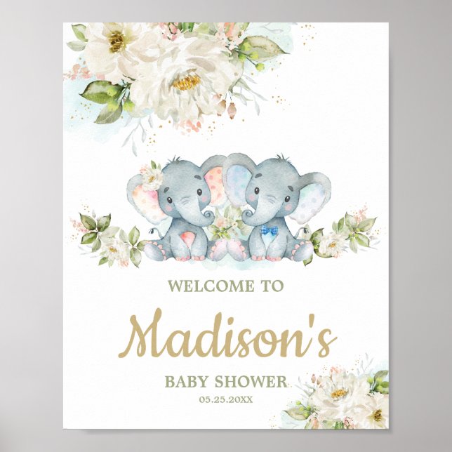 Twins Elephant Boy Girl Baby shower Affiche de bie (Devant)