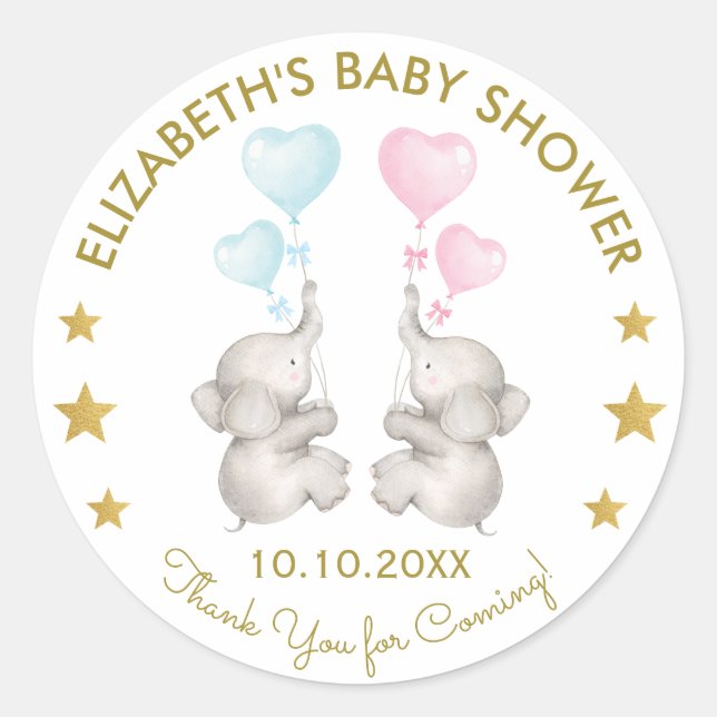 Twins Elephant Gender Reveal Blue Pink Gefallen Ta Runder Aufkleber (Vorderseite)