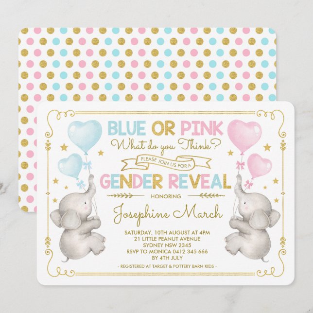 Twins Elephant Gender Reveal Blue Pink Gold Baby Einladung (Vorne/Hinten)