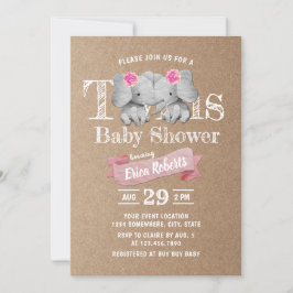 Twins Elephant Rustic Kraft Girl Baby Shower Einladung