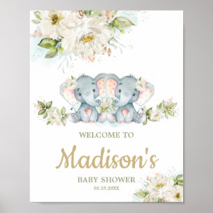 Twins Elephant Twin Girls Baby shower Affiche de b