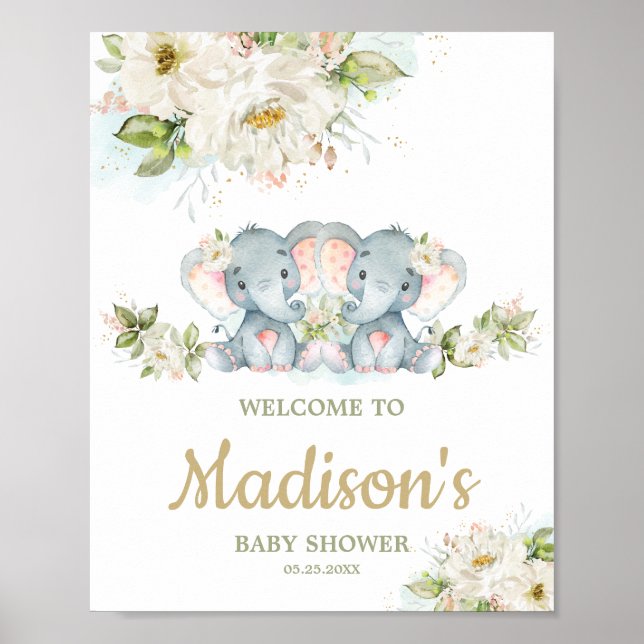 Twins Elephant Twin Girls Baby shower Affiche de b (Devant)