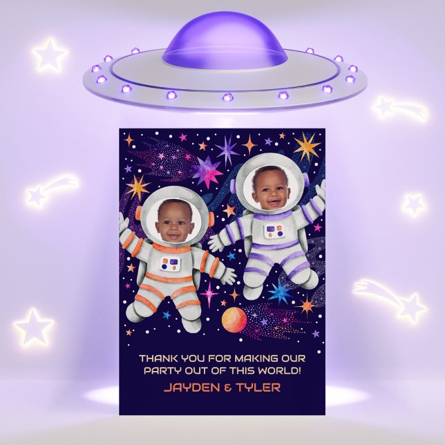 Twins Erste Reise um das Sun Astronaut-Foto Dankeskarte (Twins First Trip Around the Sun Astronaut Photo Thank You Card)