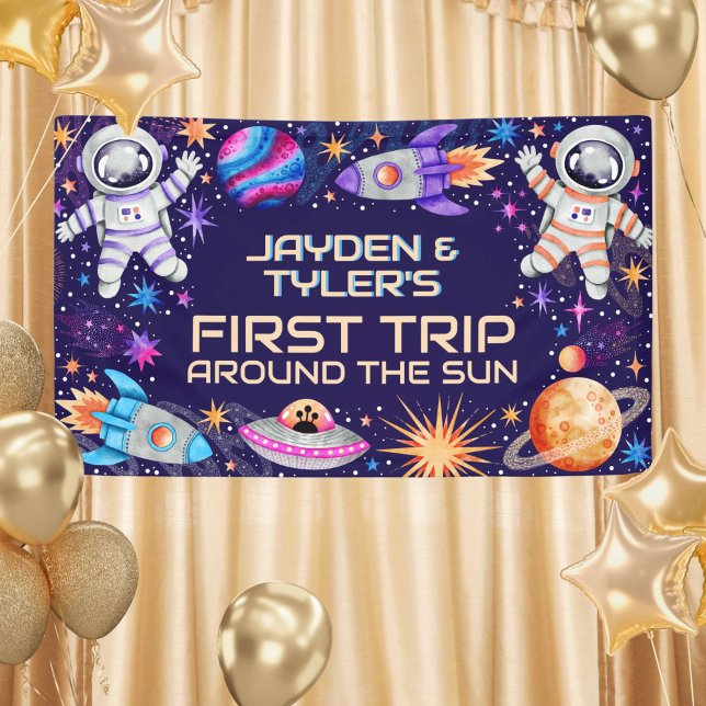 Twins Erste Reise um die Sun Astronautengalaxie Banner (Twins First Trip Around the Sun Astronaut Galaxy Banner)