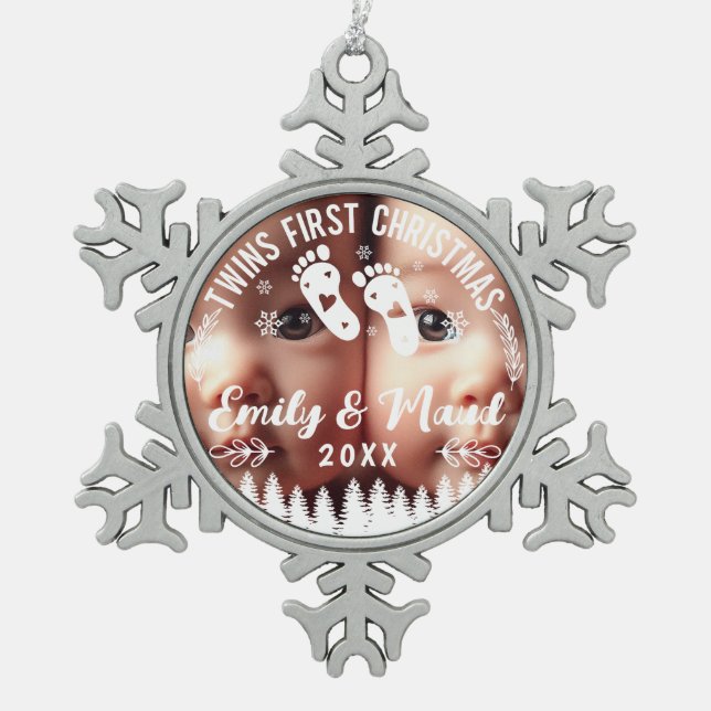 Twins Erstes Weihnachtsfest-Foto Schneeflocken Zinn-Ornament (Vorderseite)