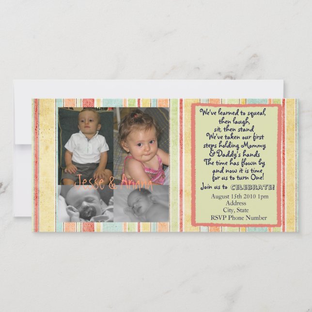 Twins First Birthday Invitation photo (Devant)