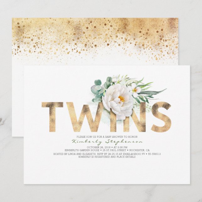 Twins Floral Gold Typografie Baby Shower Einladung (Vorne/Hinten)