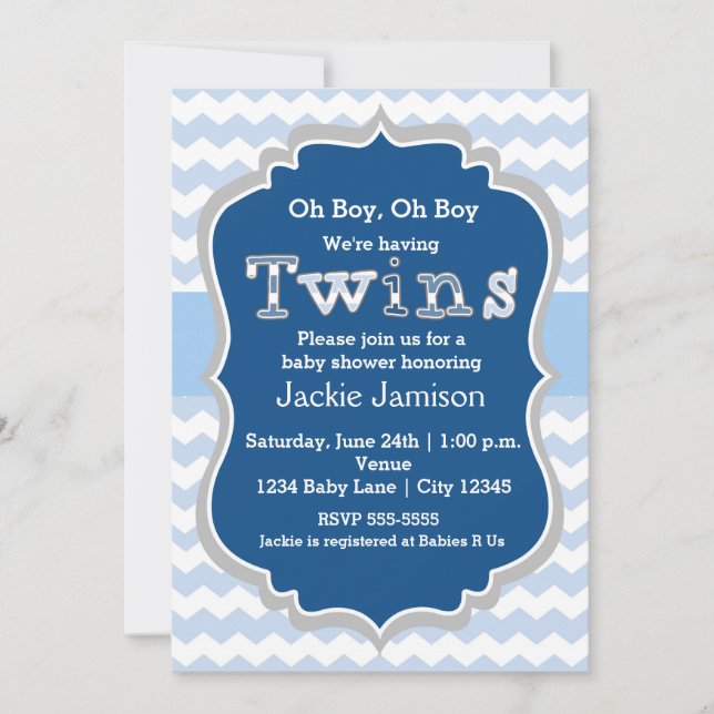 TWINS garçons Blue Chevron Baby shower Invitation (Devant)