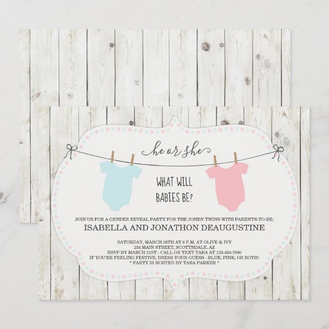 Twins Gender Offenlegung Einladung rustikale Cloth (Vorne/Hinten)