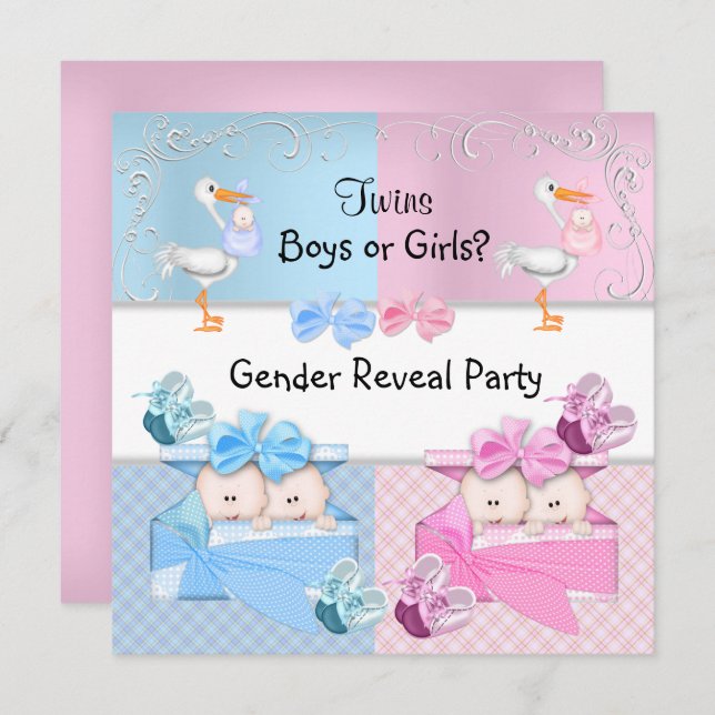 Twins Gender Reveal Party Boys oder Girls Blue Pin Einladung (Vorne/Hinten)