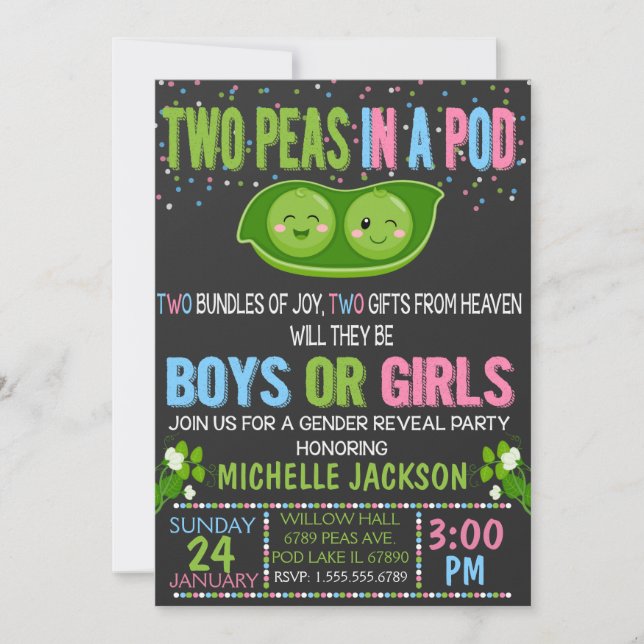 Twins Gender Reveal Peas in einer Pod-Einladung Einladung (Vorderseite)