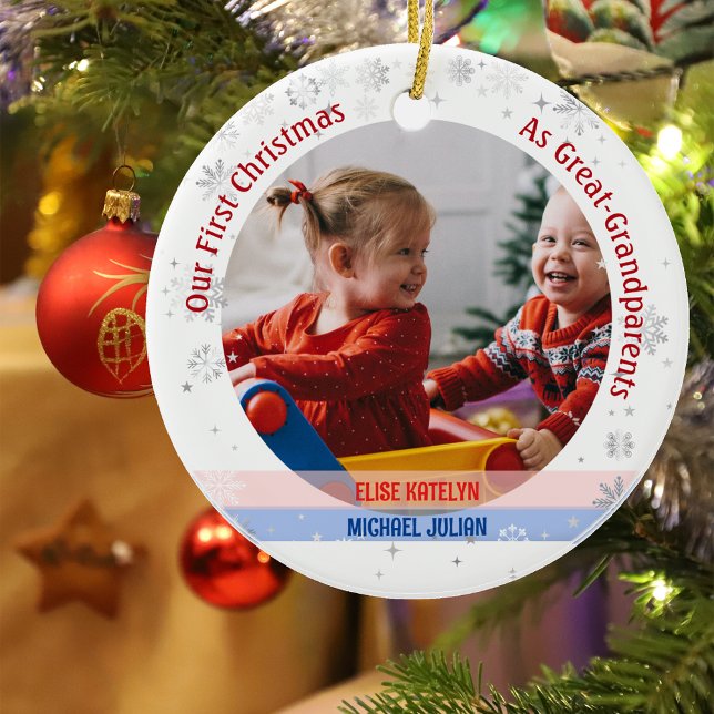 Twins Girl Boy 1. Weihnachten Große Großeltern Fot Keramik Ornament (Our First Christmas as Great-Greatparents of Twin Girl and Boy. Snowflakes. Cute Swaddled Babies)