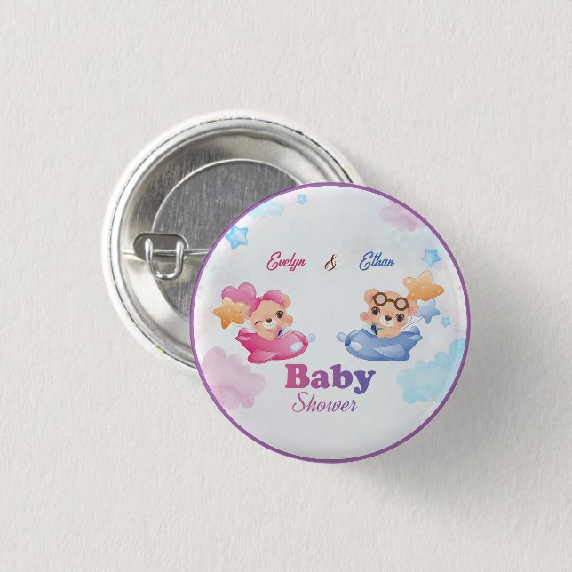 Twins Girl Boy Bear Airplane Babydusche Button (Vorne & Hinten)