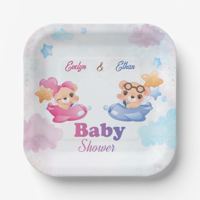 Twins Girl Boy Bear Airplane Babydusche Pappteller (Vorderseite)